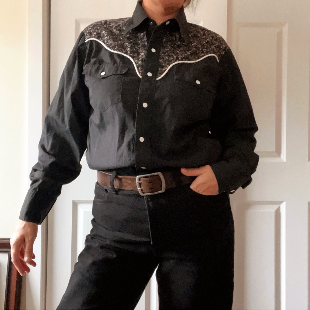 Vintage womens black calico piping western snap button long sleeve shirt size XL